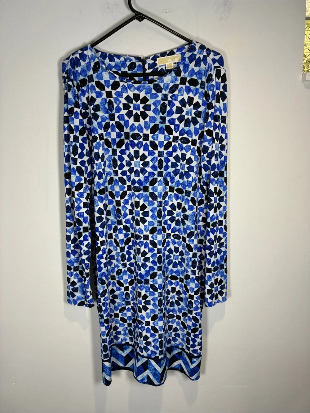 Michael Kors Blue Geometric Print Long Sleeve Fit Flare Dress L